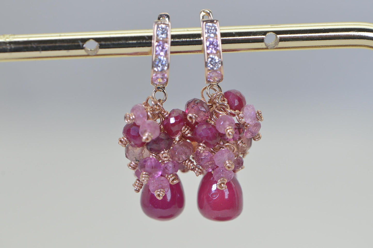 14K Rose Gold Ruby Cluster Earrings: Sapphire & Tourmaline Gemstone Dangle