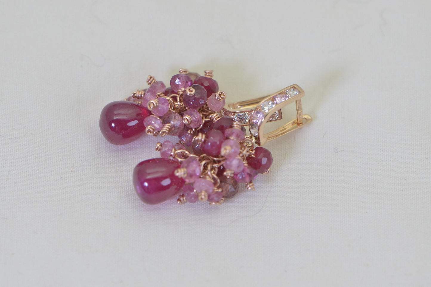 14K Rose Gold Ruby Cluster Earrings: Sapphire & Tourmaline Gemstone Dangle