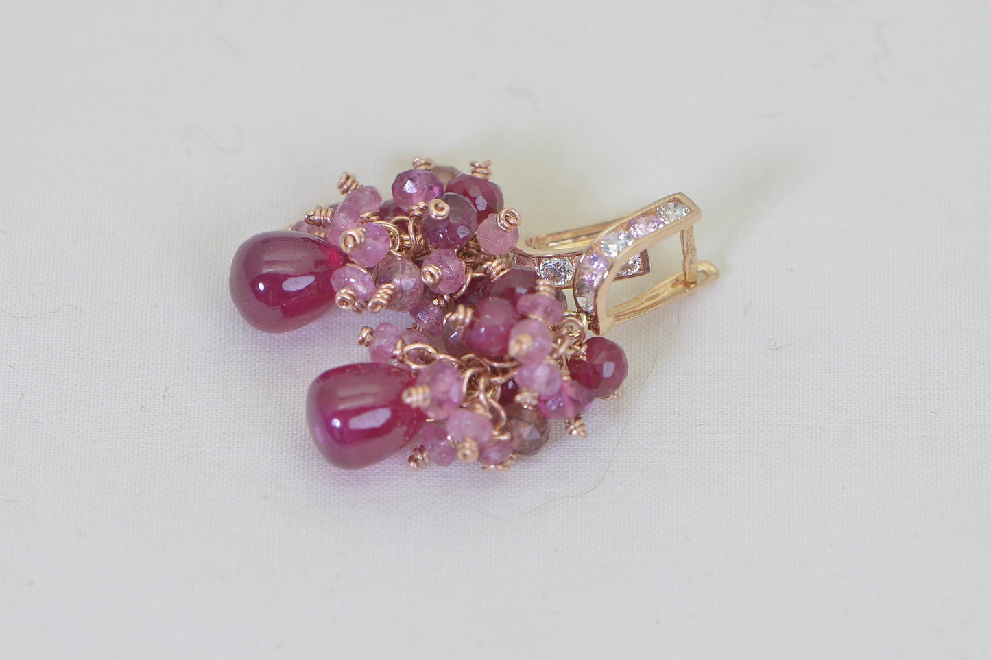 14K Rose Gold Ruby Cluster Earrings: Sapphire & Tourmaline Gemstone Dangle
