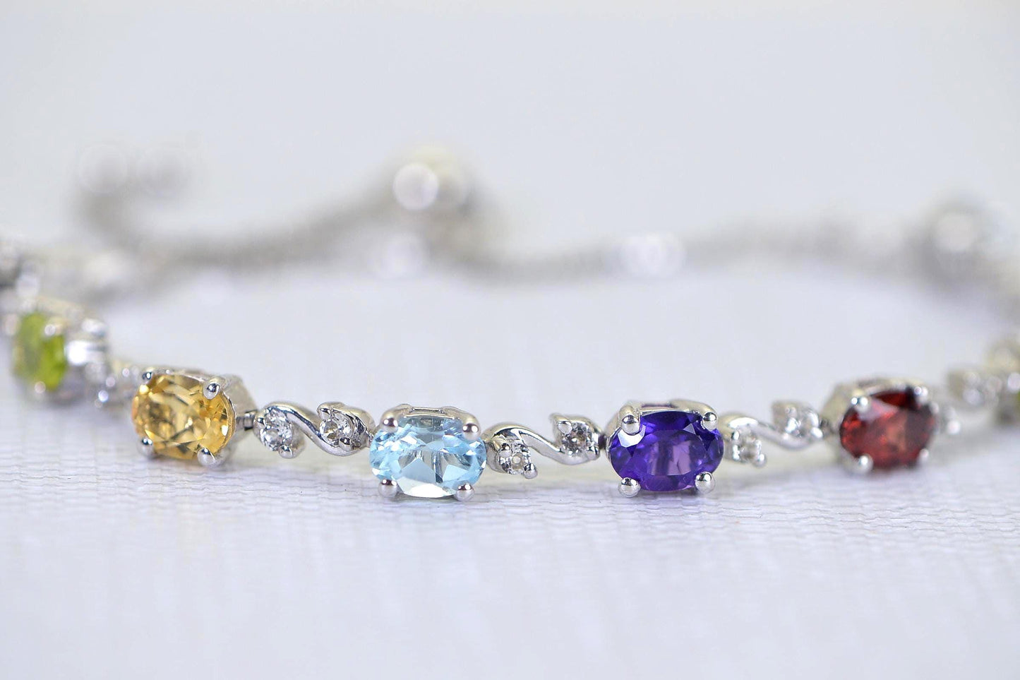 Rainbow Gemstone Tennis Bracelet, Sterling Silver, Multi Color Stone, Bolo Adjustable Bracelet