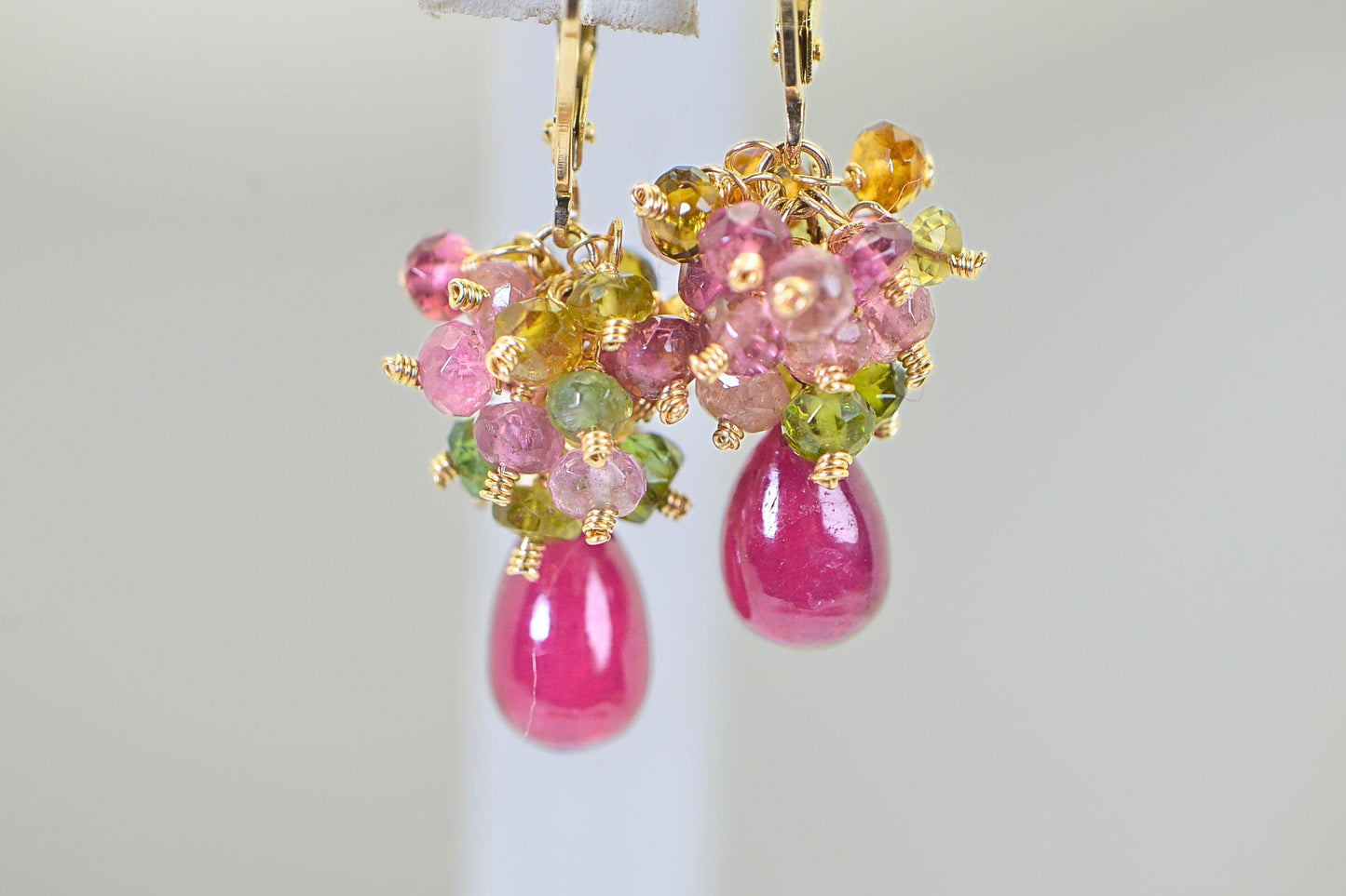 14K Gold Ruby Cluster Earrings: Sapphire & Tourmaline Gemstone Dangle