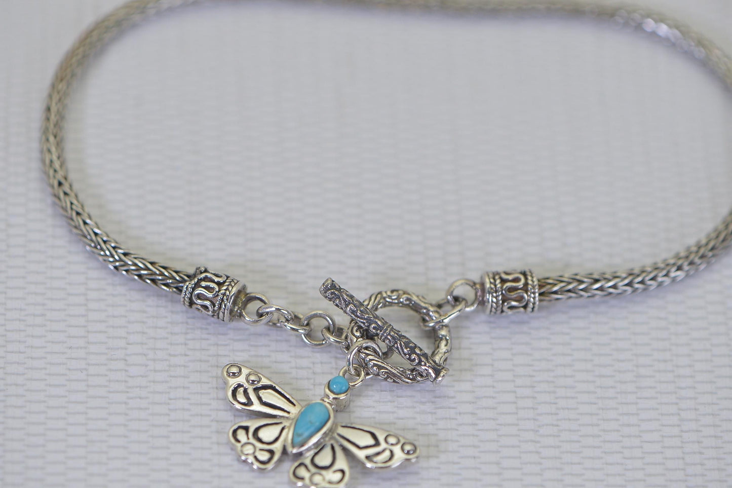 Viking Bracelet Weave Knit Lariat Charm Butterfly  Solid Sterling Silver Vintage 1980