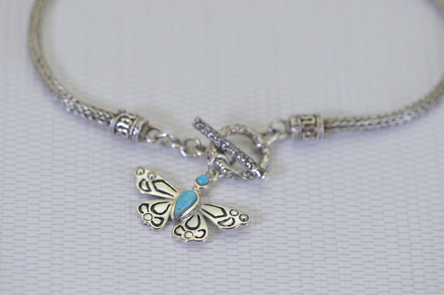 Viking Bracelet Weave Knit Lariat Charm Butterfly  Solid Sterling Silver Vintage 1980