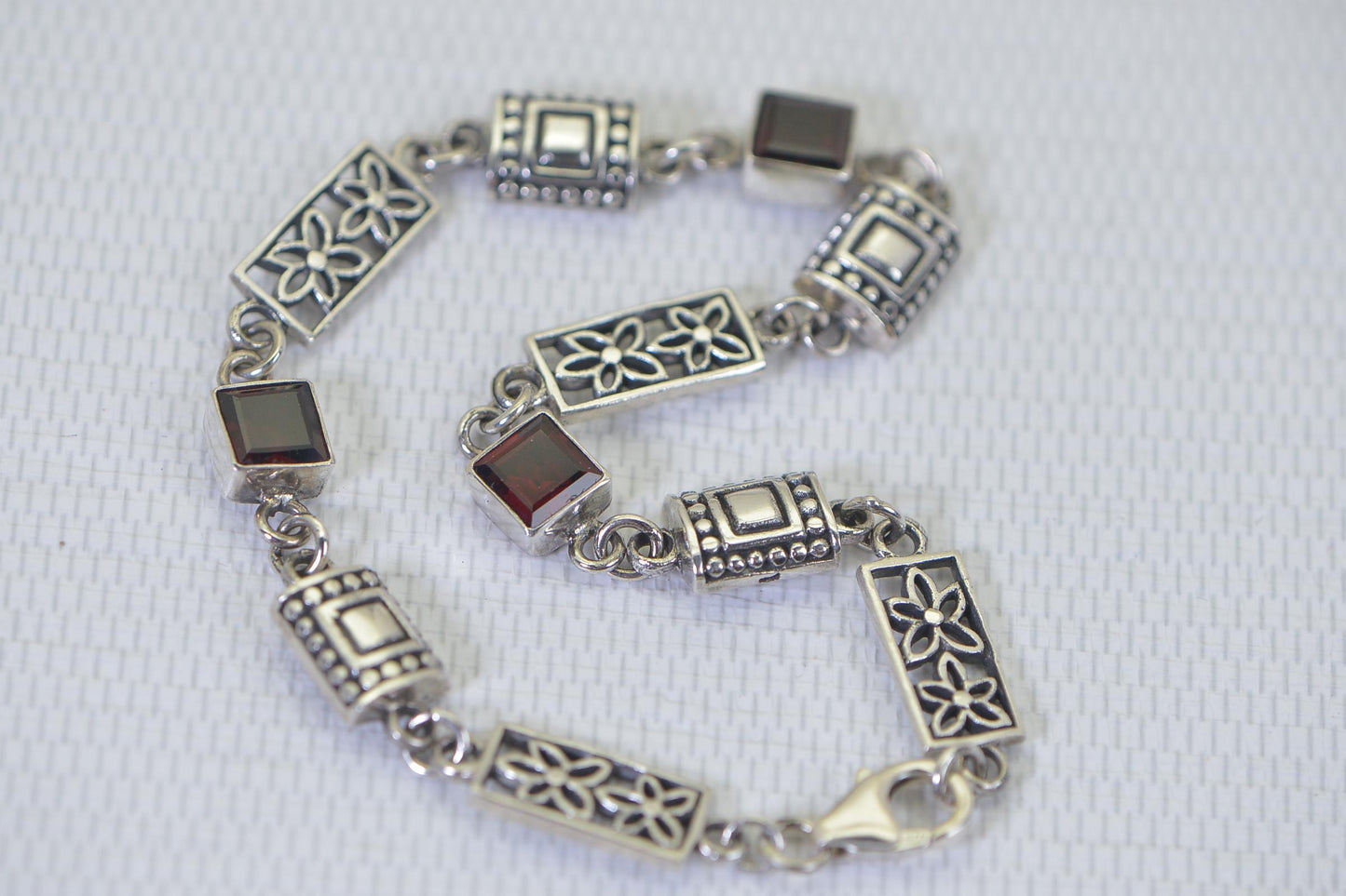 Natural Garnet Square  Link Bracelet , Sterling Silver Flower Design
