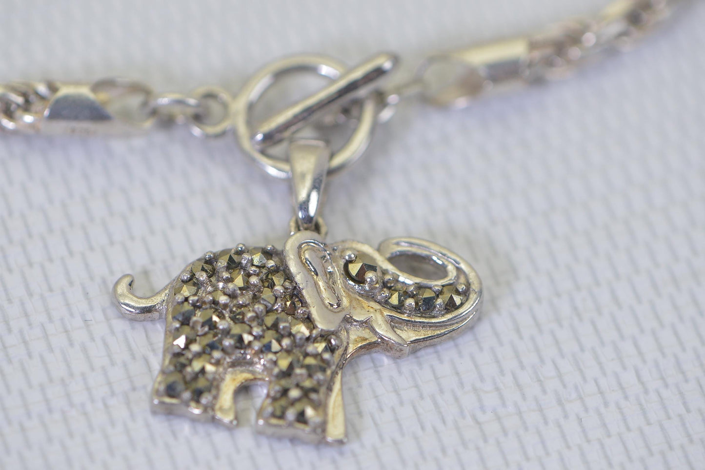 Elephant Charm Anklet Bracelet – Heavy 925 Sterling Silver Rope Chain, Toggle Clasp, Boho Chic Style Marcasite Gemstone Pendant