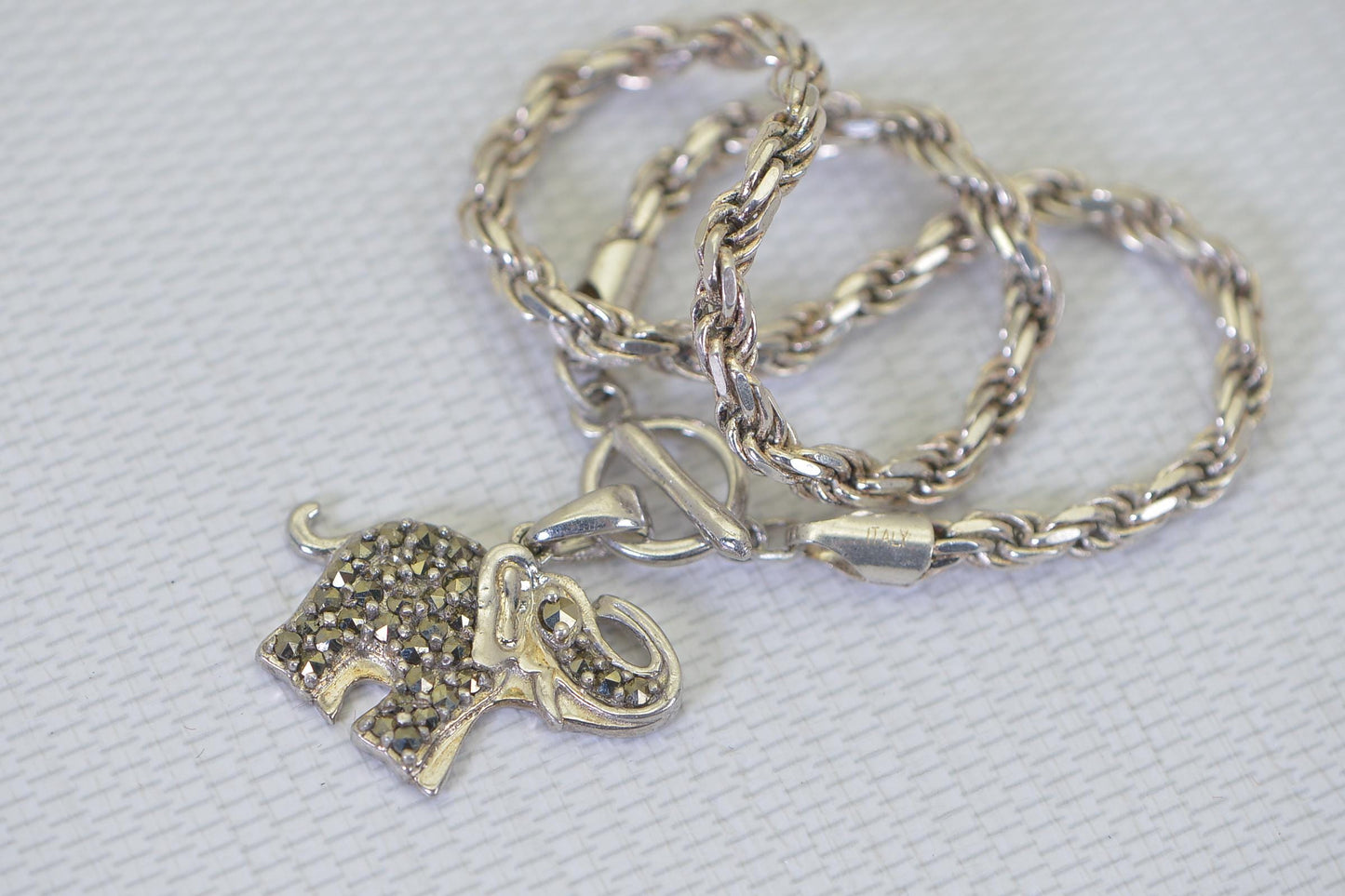 Elephant Charm Anklet Bracelet – Heavy 925 Sterling Silver Rope Chain, Toggle Clasp, Boho Chic Style Marcasite Gemstone Pendant