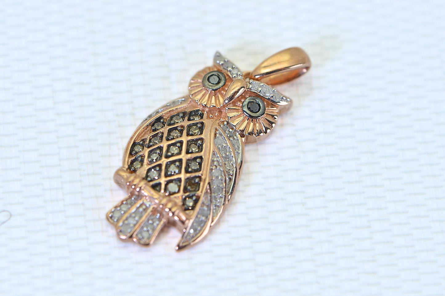 Diamond Owl Pendant: Vintage Sterling Silver Necklace, Rose Gold Electroplated