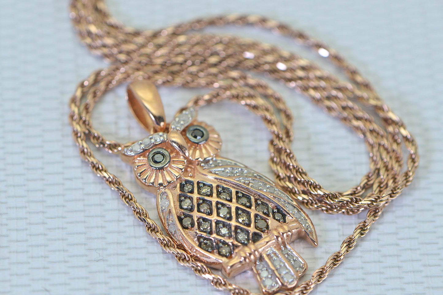 Diamond Owl Pendant: Vintage Sterling Silver Necklace, Rose Gold Electroplated