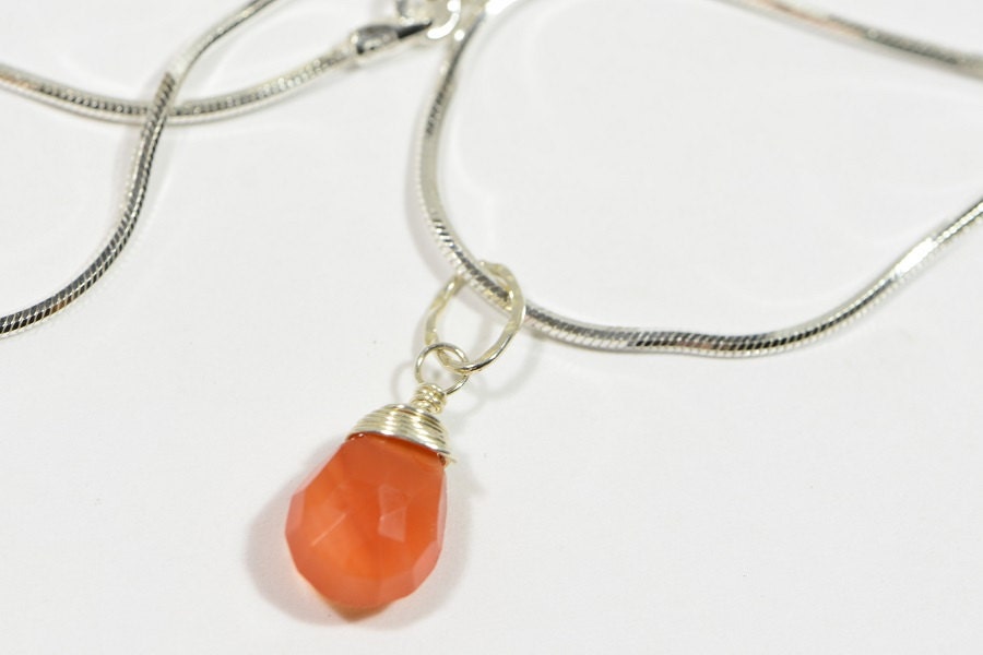 Carnelian wire wrapped pendant Charm on sterling silver shake chain