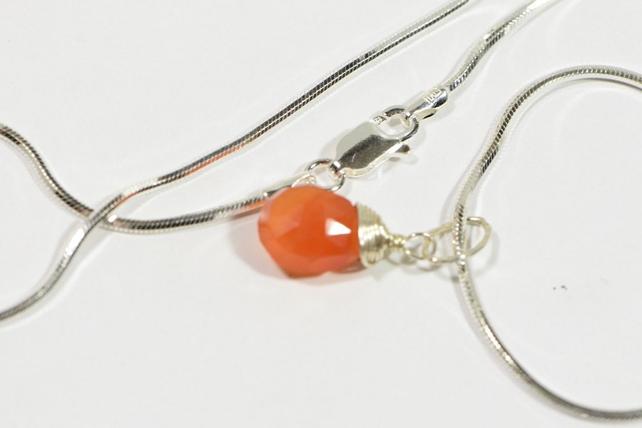 Carnelian wire wrapped pendant Charm on sterling silver shake chain