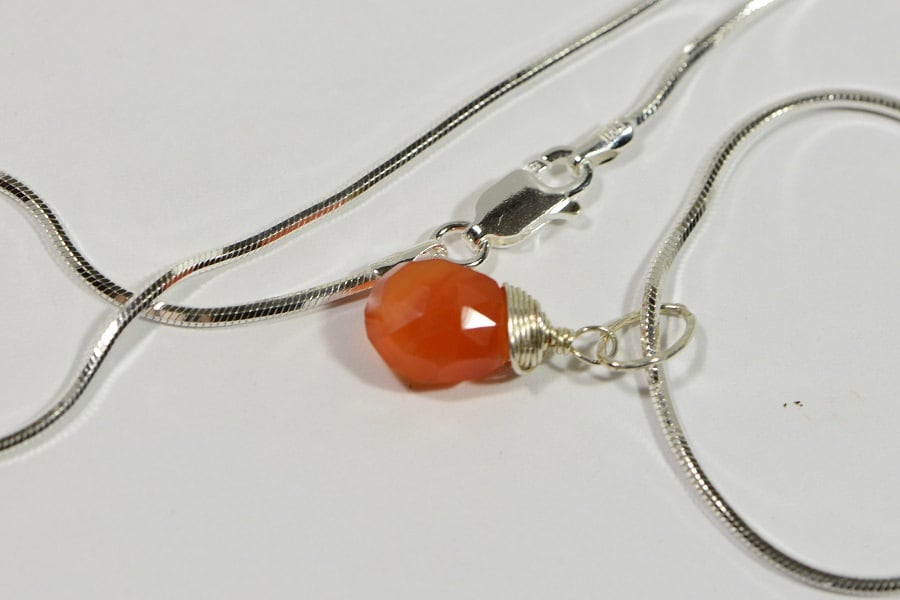 Carnelian wire wrapped pendant Charm on sterling silver shake chain
