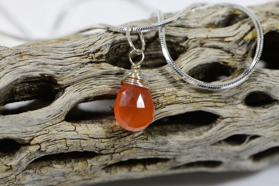 Carnelian wire wrapped pendant Charm on sterling silver shake chain