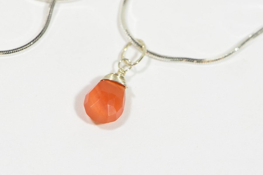 Carnelian wire wrapped pendant Charm on sterling silver shake chain