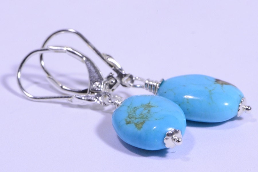 Turquoise Sterling Silver Earrings: Natural Gemstone Lever Backs
