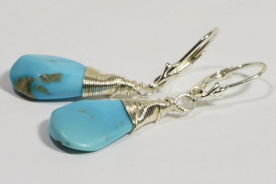 Sleeping Beauty Turquoise Dangle Earrings, Sterling Silver Wire Wrapped