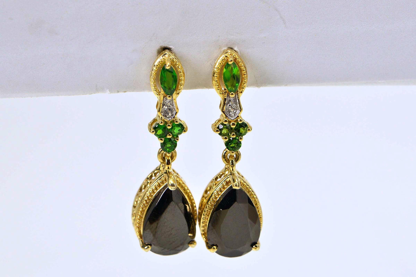 Black Spinel & Chrome Diopside Teardrop Earrings, 18k Gold over Sterling Silver