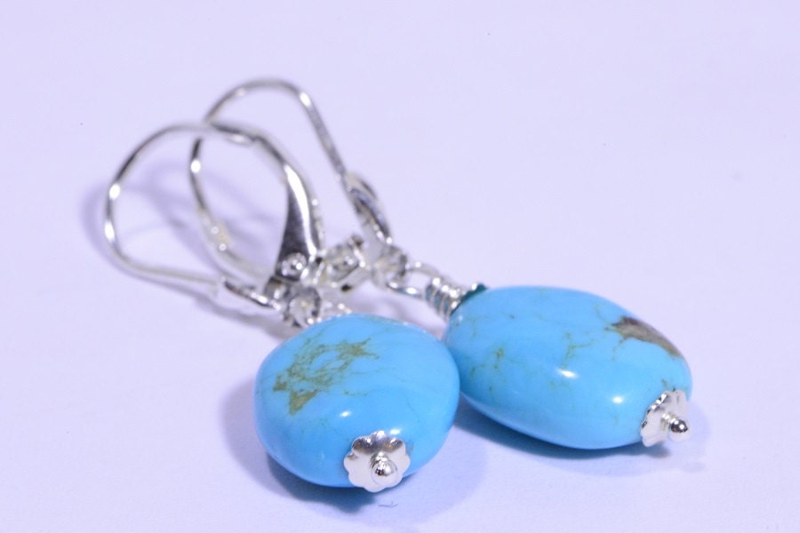Turquoise Sterling Silver Earrings: Natural Gemstone Lever Backs