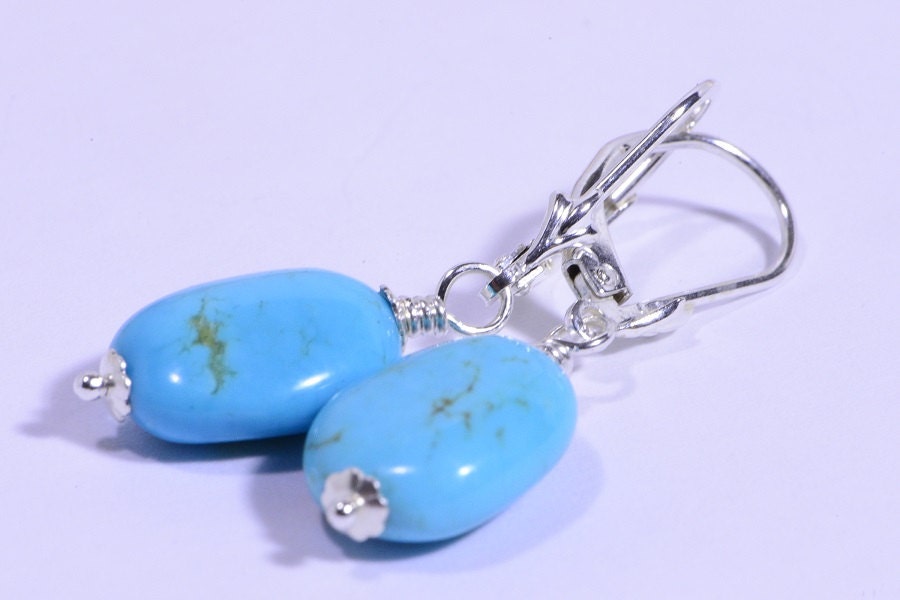 Turquoise Sterling Silver Earrings: Natural Gemstone Lever Backs