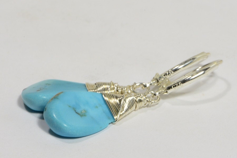 Sleeping Beauty Turquoise Dangle Earrings, Sterling Silver Wire Wrapped