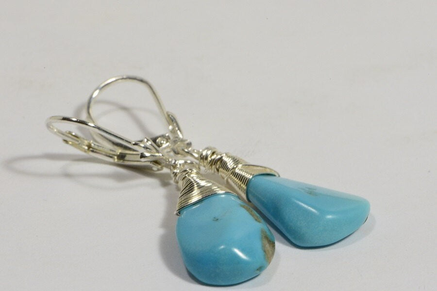 Sleeping Beauty Turquoise Dangle Earrings, Sterling Silver Wire Wrapped