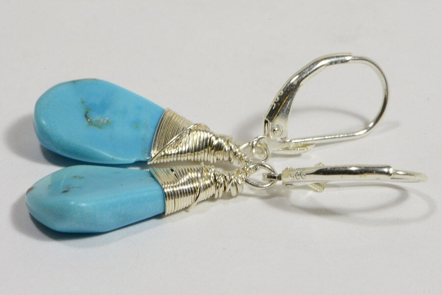 Sleeping Beauty Turquoise Dangle Earrings, Sterling Silver Wire Wrapped