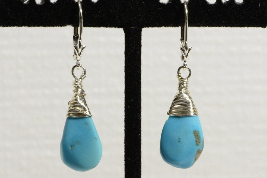 Sleeping Beauty Turquoise Dangle Earrings, Sterling Silver Wire Wrapped