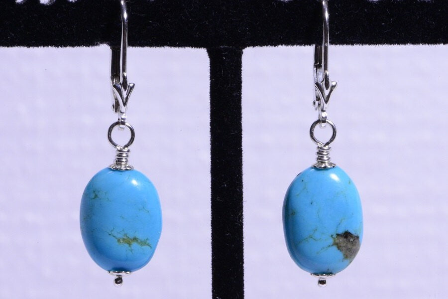 Turquoise Sterling Silver Earrings: Natural Gemstone Lever Backs
