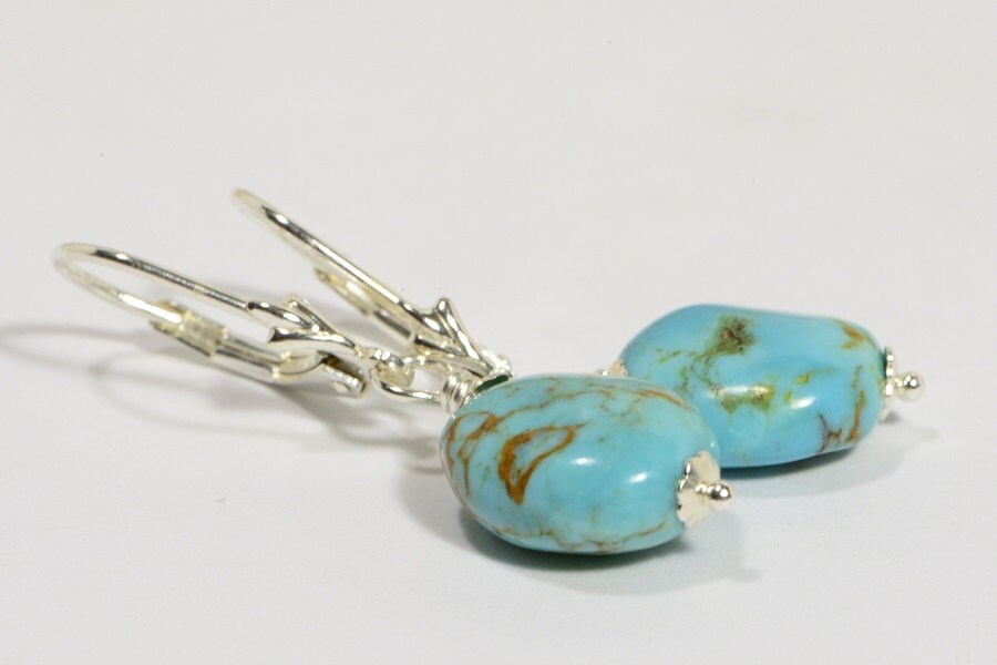 Natural Turquoise Sterling Silver Leverback Earrings