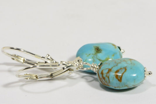 Natural Turquoise Sterling Silver Leverback Earrings