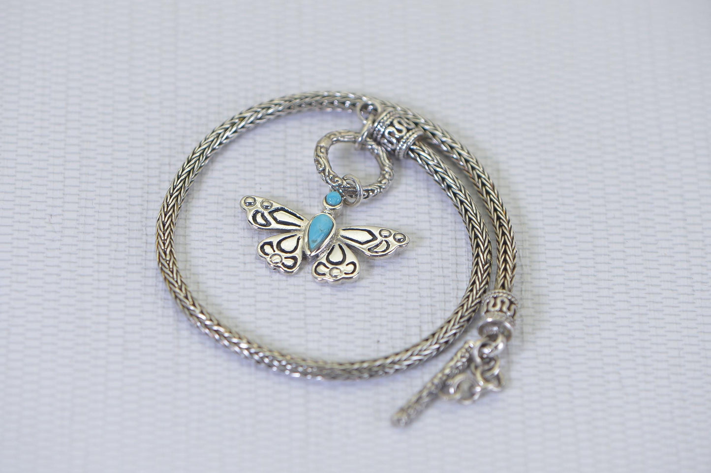 Viking Bracelet Weave Knit Lariat Charm Butterfly  Solid Sterling Silver Vintage 1980