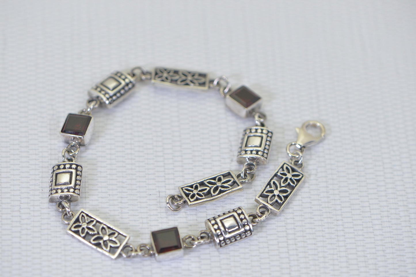 Natural Garnet Square  Link Bracelet , Sterling Silver Flower Design