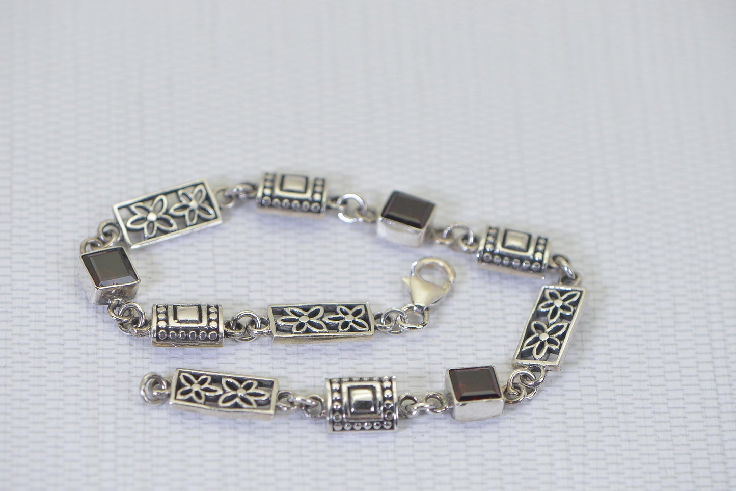 Natural Garnet Square  Link Bracelet , Sterling Silver Flower Design