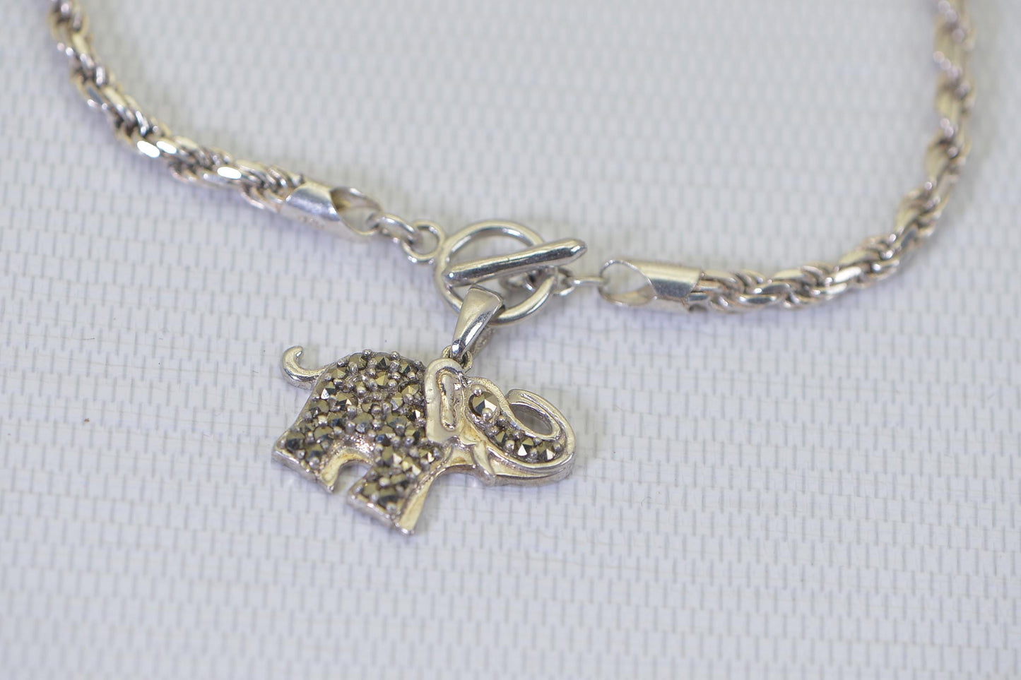 Elephant Charm Anklet Bracelet – Heavy 925 Sterling Silver Rope Chain, Toggle Clasp, Boho Chic Style Marcasite Gemstone Pendant