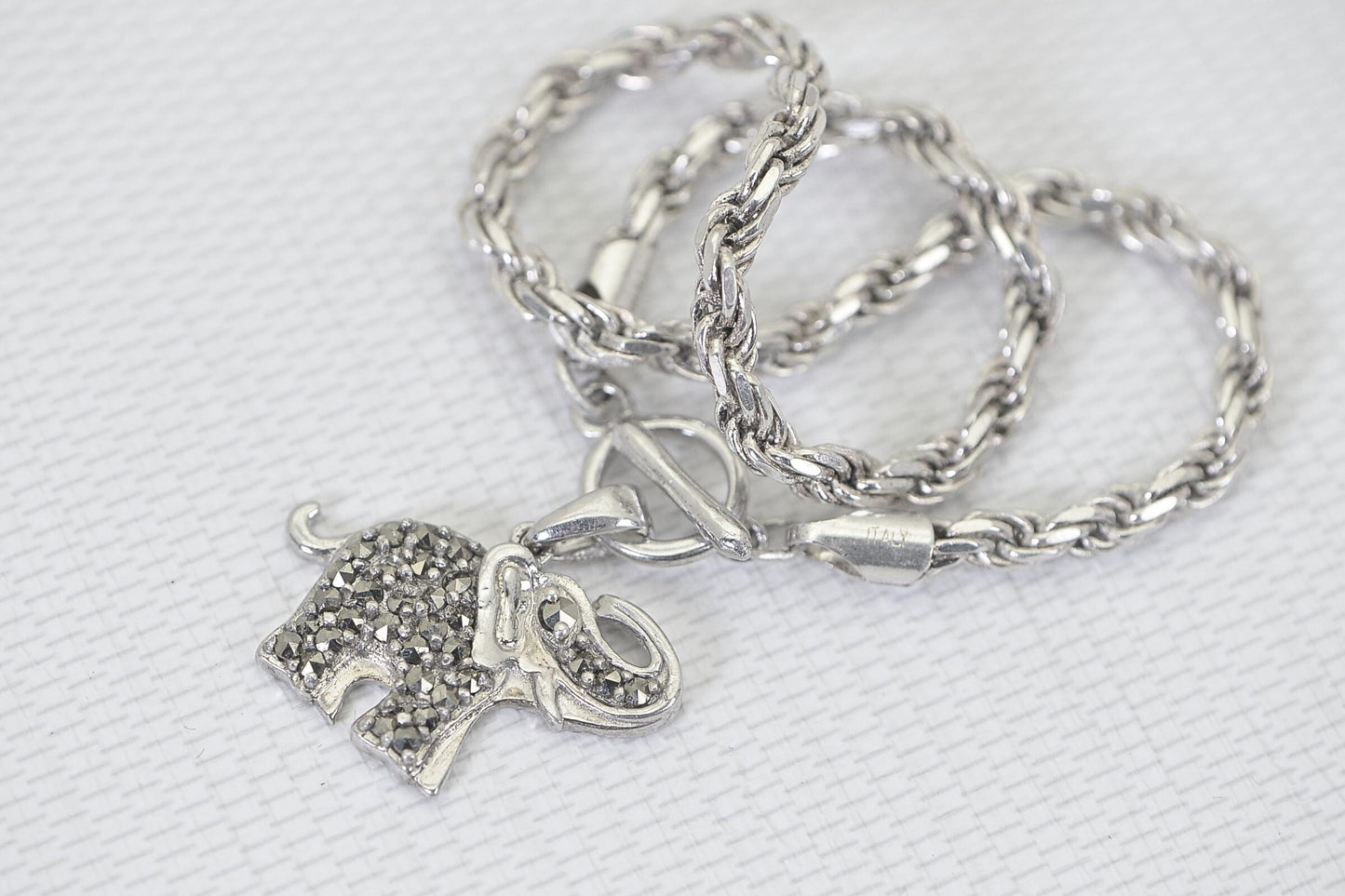 Elephant Charm Anklet Bracelet – Heavy 925 Sterling Silver Rope Chain, Toggle Clasp, Boho Chic Style Marcasite Gemstone Pendant