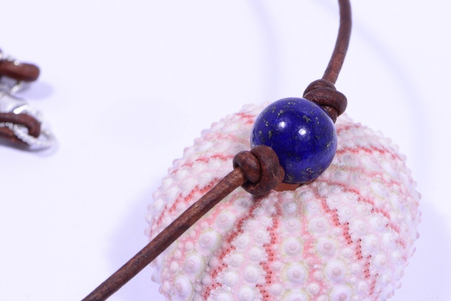 Lapis Lazuli Choker Necklace Single Bead On Leather Cord Gemstone Western Style Jewelry