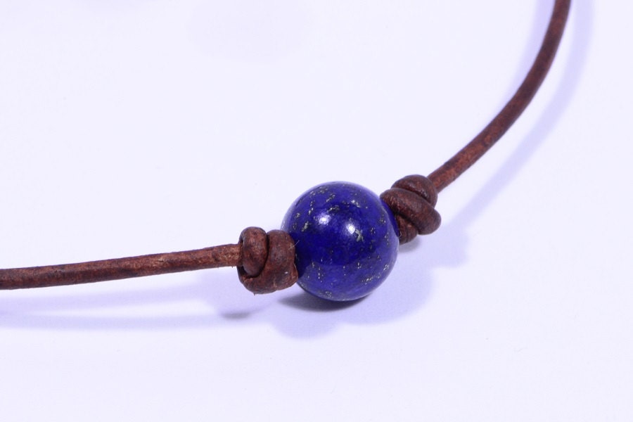 Lapis Lazuli Choker Necklace Single Bead On Leather Cord Gemstone Western Style Jewelry