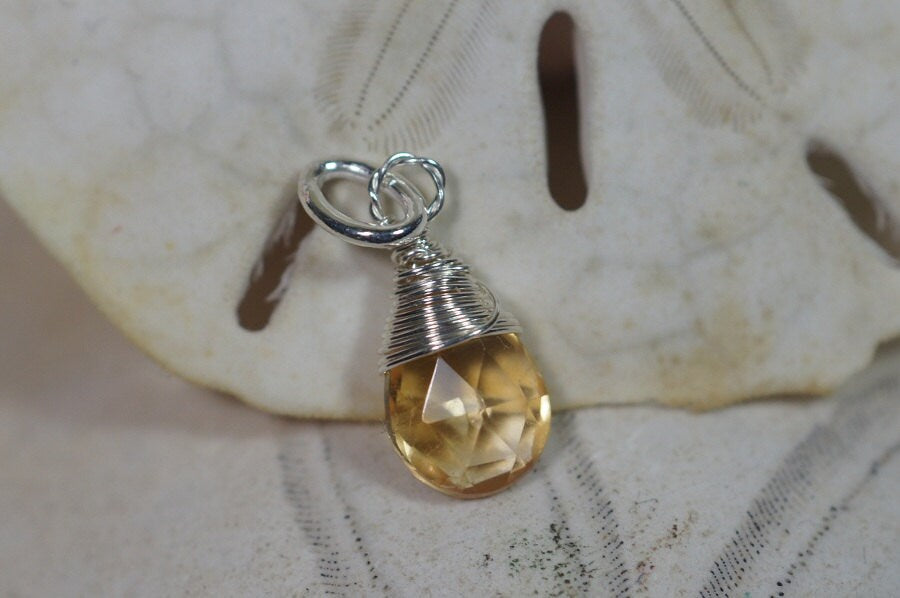 Wire Wrapped Citrine Pendant: Sterling Silver Teardrop Charm