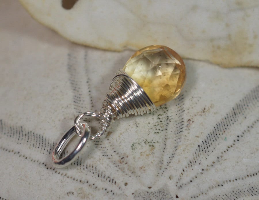 Wire Wrapped Citrine Pendant: Sterling Silver Teardrop Charm