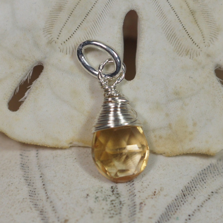 Wire Wrapped Citrine Pendant: Sterling Silver Teardrop Charm