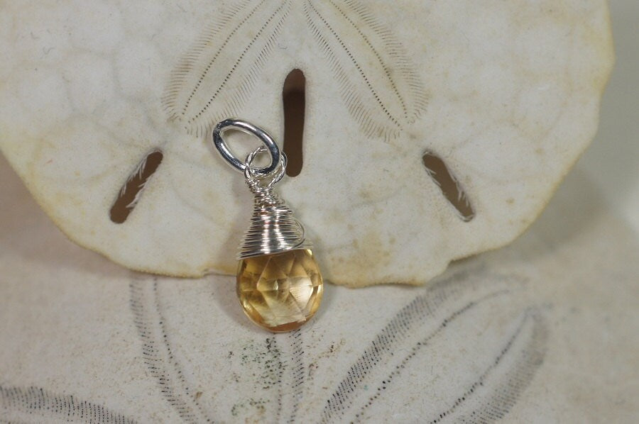Wire Wrapped Citrine Pendant: Sterling Silver Teardrop Charm