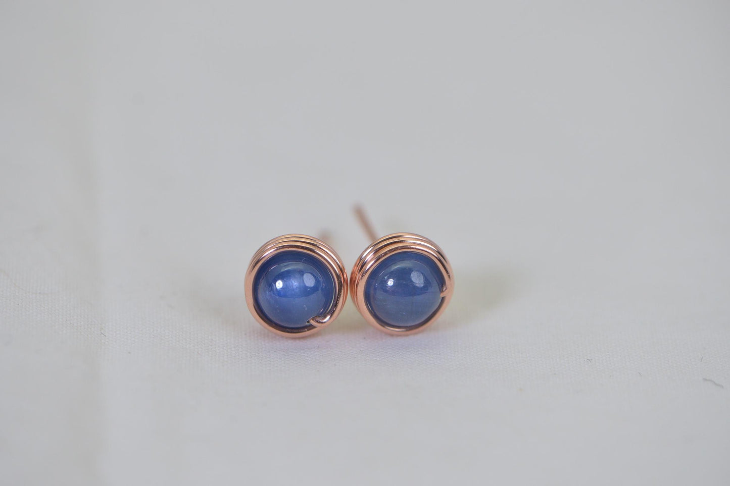 Blue Kyanite Stud Earrings: Handmade Copper Wire Wrapped Gemstone