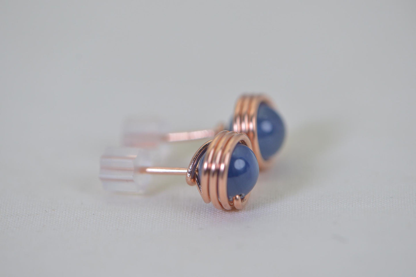 Blue Kyanite Stud Earrings: Handmade Copper Wire Wrapped Gemstone