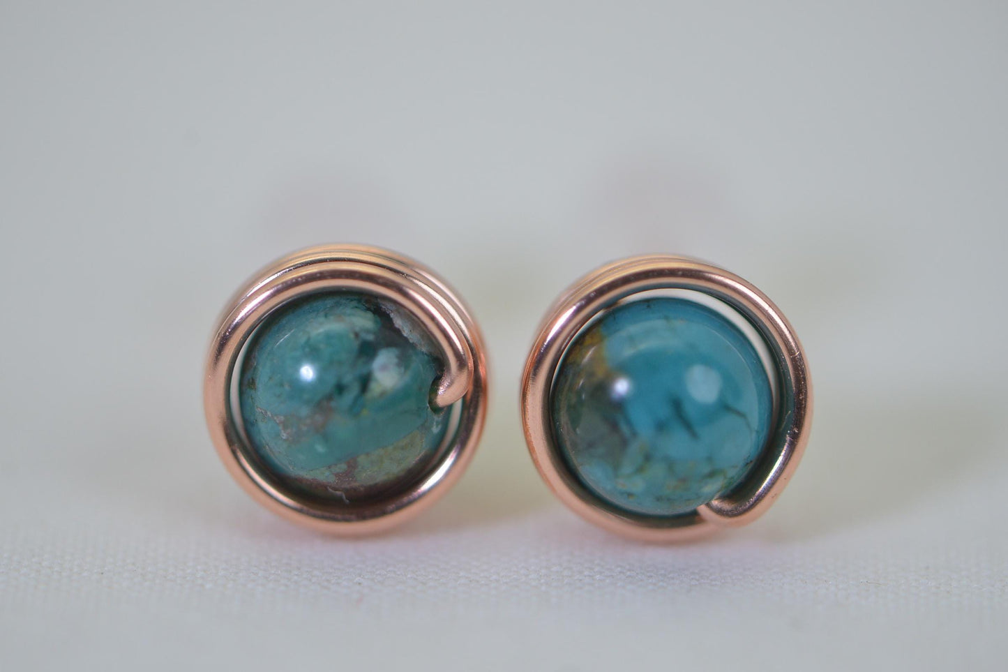 Natural American Blue Turquoise Copper Wire Wrapped Stud Earrings