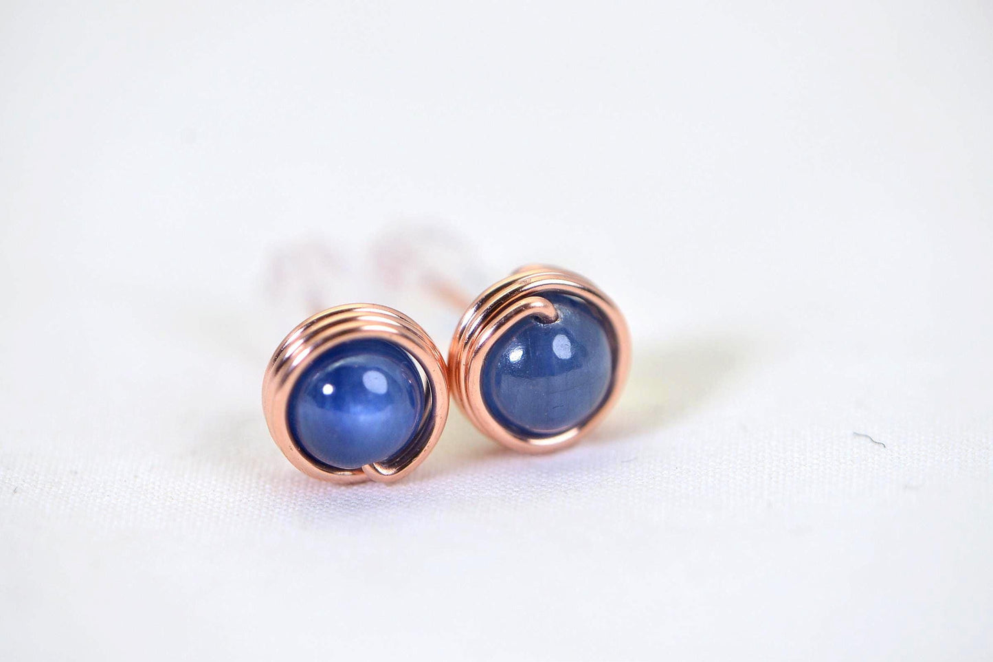 Blue Kyanite Stud Earrings: Handmade Copper Wire Wrapped Gemstone