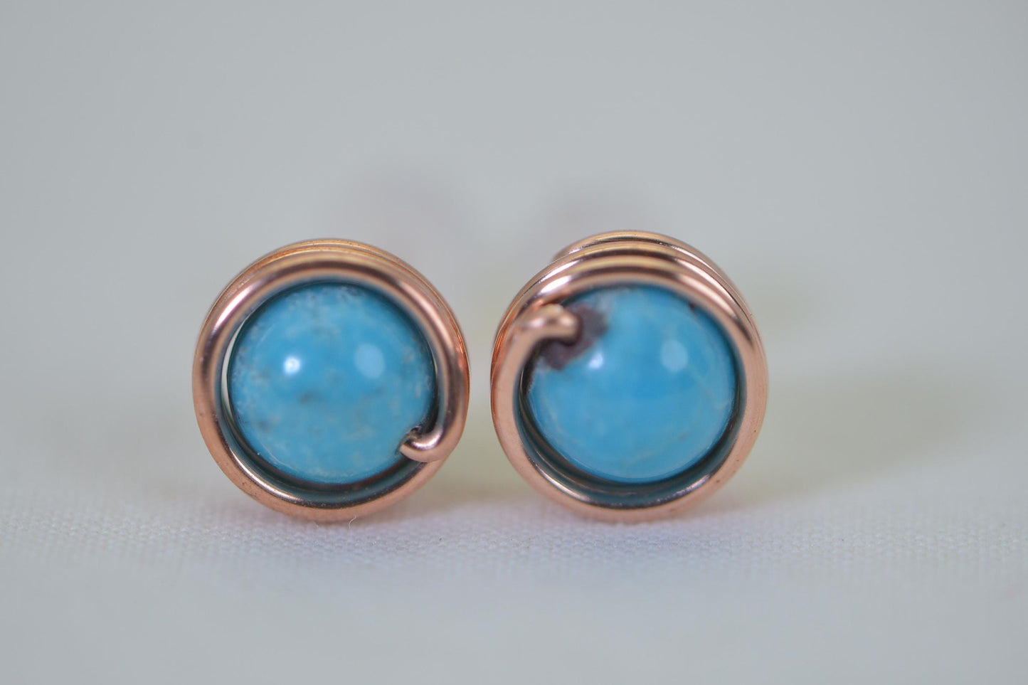 Natural American Blue Turquoise Copper Wire Wrapped Stud Earrings