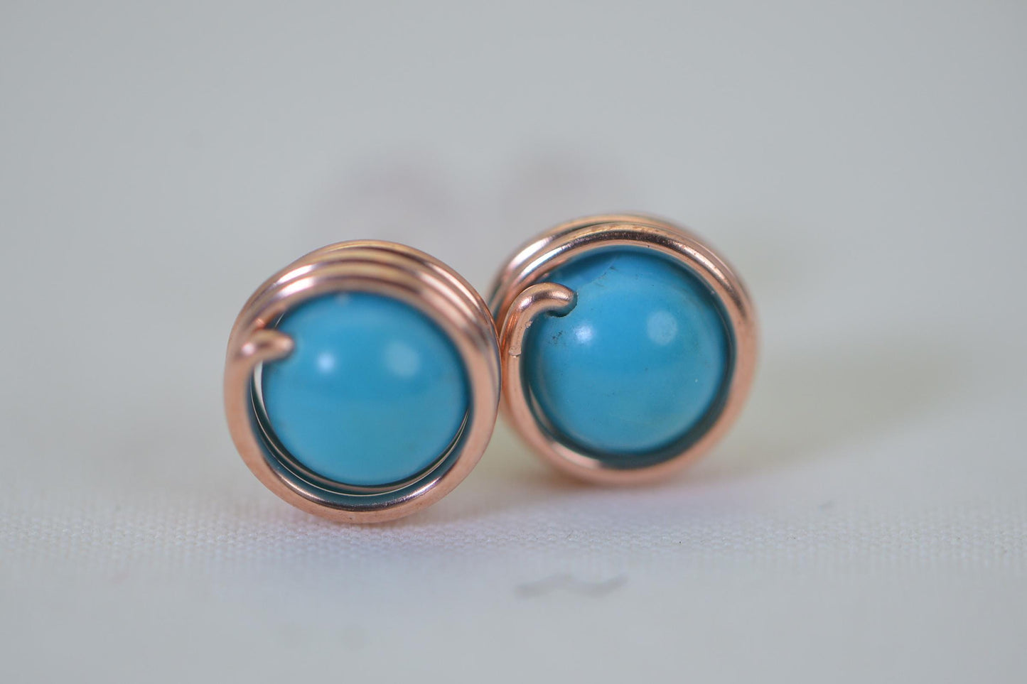 Natural American Blue Turquoise Copper Wire Wrapped Stud Earrings