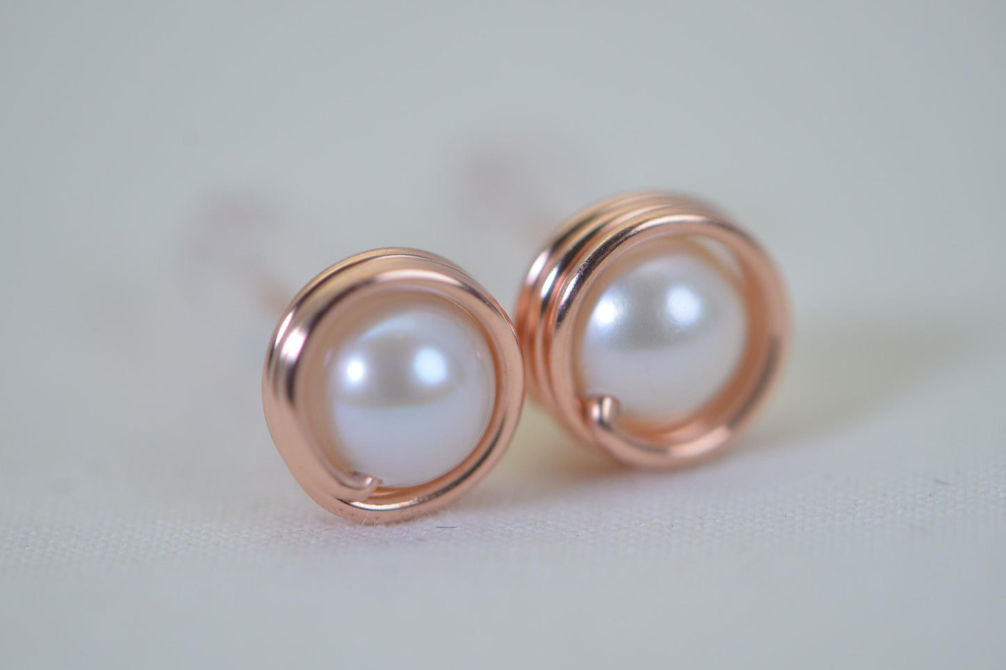 Natural White Pearl Handmade Copper Wire Wrapped Pearl Stud Earrings