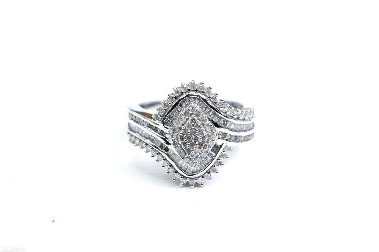 Vintage Diamond Cluster Ring, Sterling Silver Rhodium Finish, US Size 6