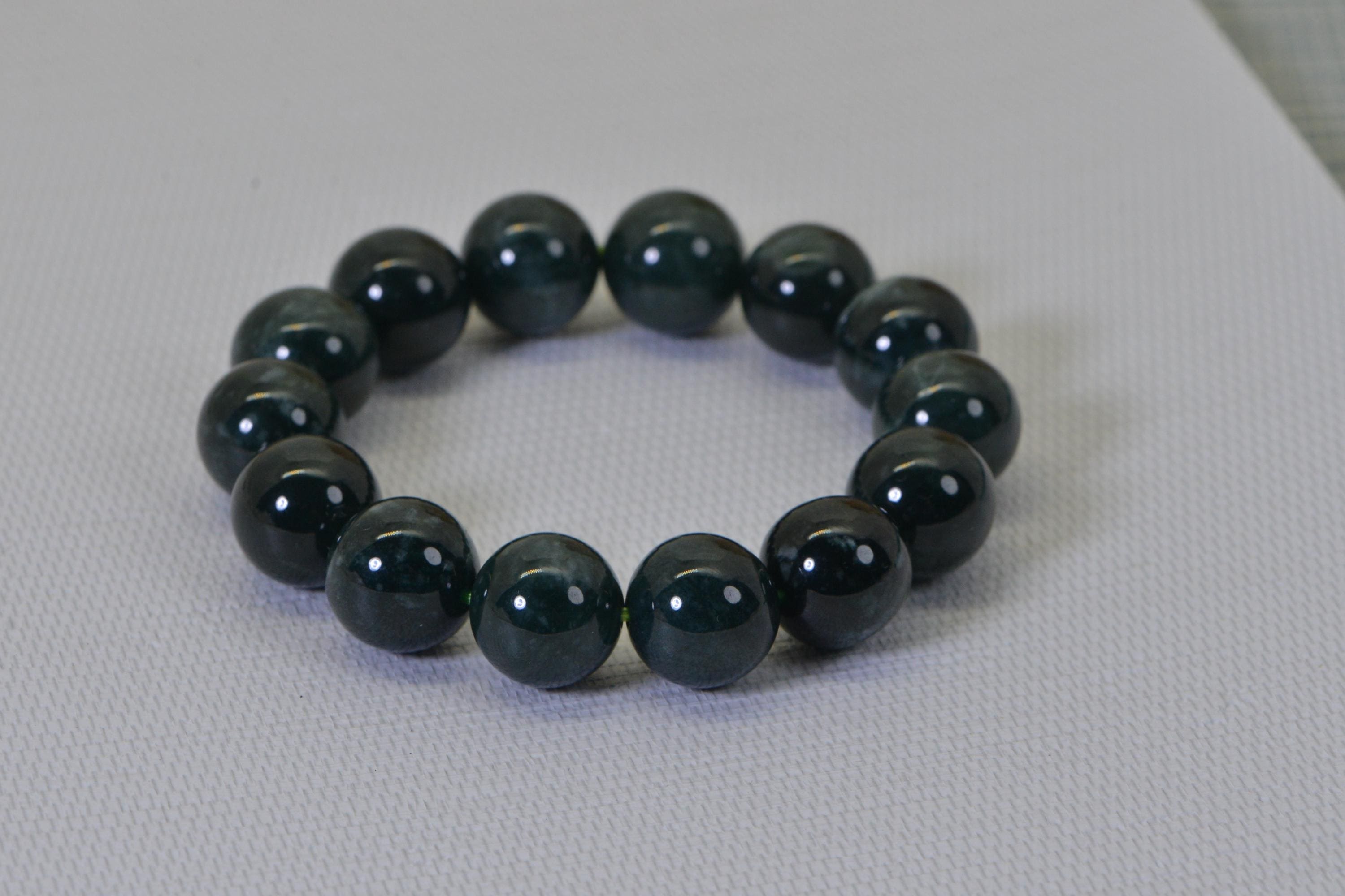 14.5mm Natural Burma Jade  Beaded Bracelet Elastic Cord Lucky Jade Bracelet