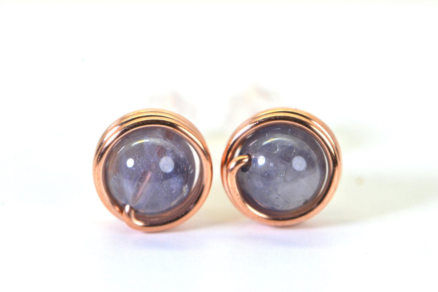 Blue Iolite Stud Earrings: Handmade Copper Wire Wrapped Gemstone